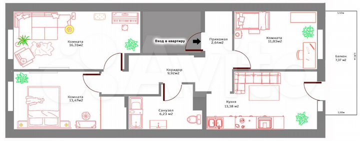 3-к. квартира, 88 м², 3/3 эт.