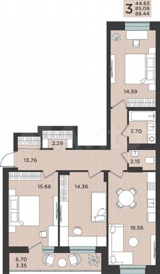 3-к. квартира, 88,4 м², 4/14 эт.