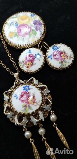 Кулон с цепочкой Розы Германия. Фарфор. Деколь