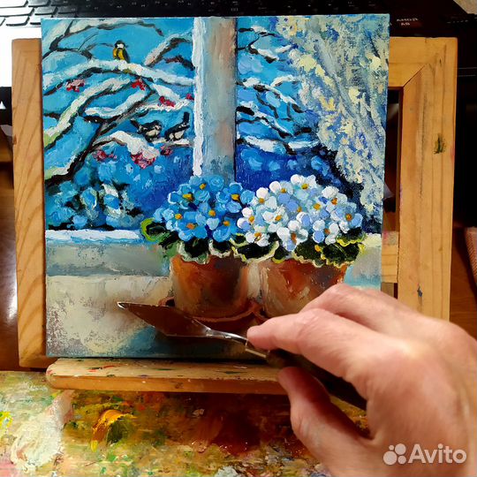 Картина Фиалки на окне масло, холст 20х20 см