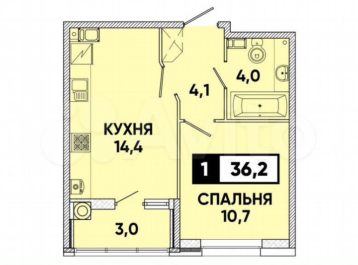 1-к. квартира, 36 м², 4/12 эт.