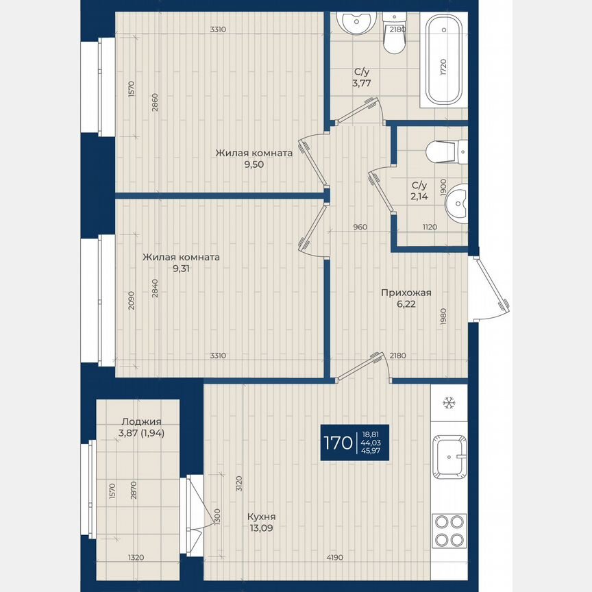 2-к. квартира, 46 м², 2/12 эт.
