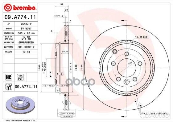 Диск торм. задн.вент.365x20 5 отв. 09.A774.11