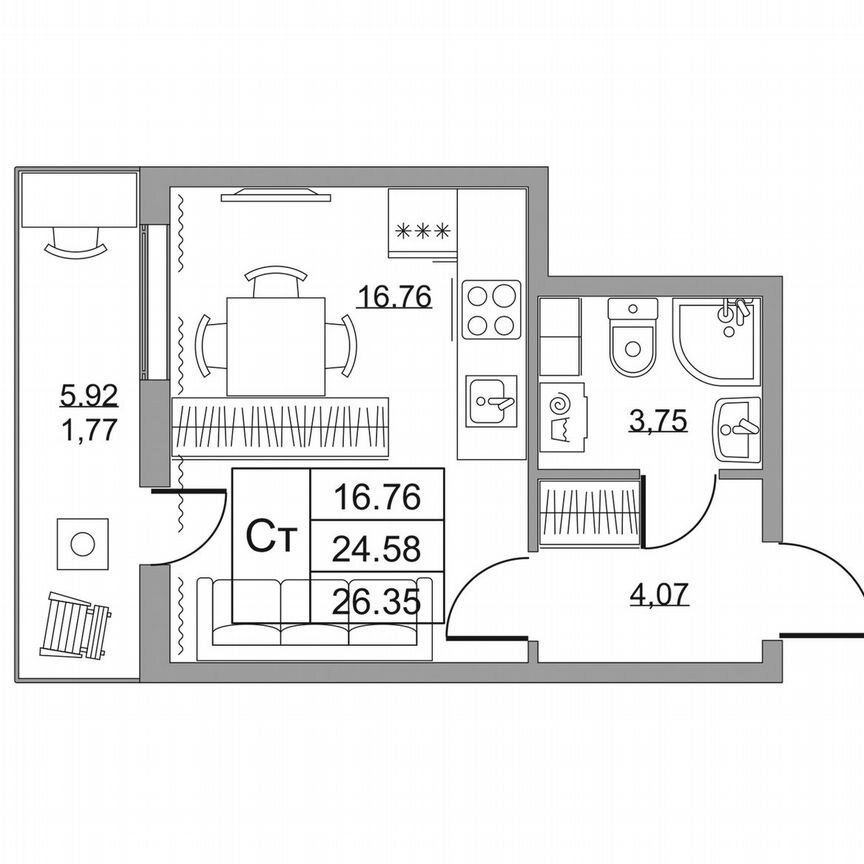 Квартира-студия, 26,4 м², 7/19 эт.