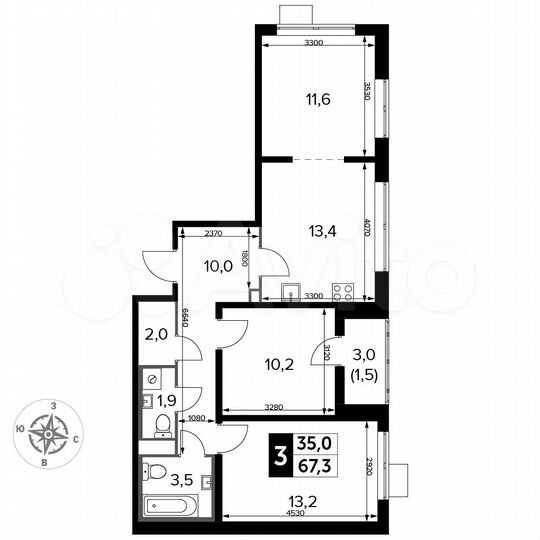 3-к. квартира, 67,3 м², 8/24 эт.