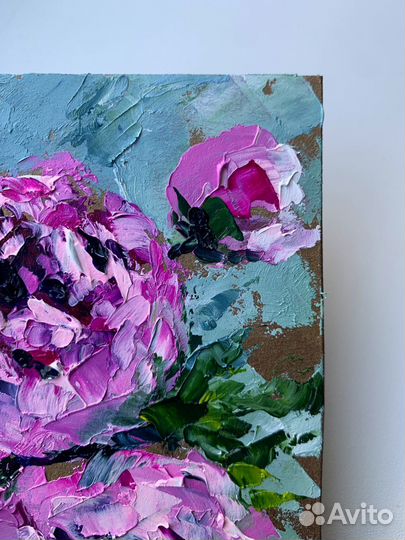 Картина маслом букет с пионами розовые розы