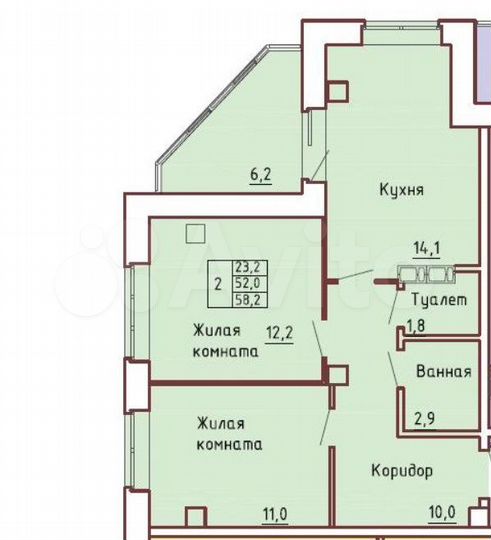 2-к. квартира, 58,2 м², 5/9 эт.