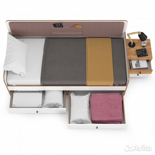 Кровать детская с ящиками и тумбочка Вуди, цвет белый премиум/дуб крафт золотой/саванна латте, шхгхв