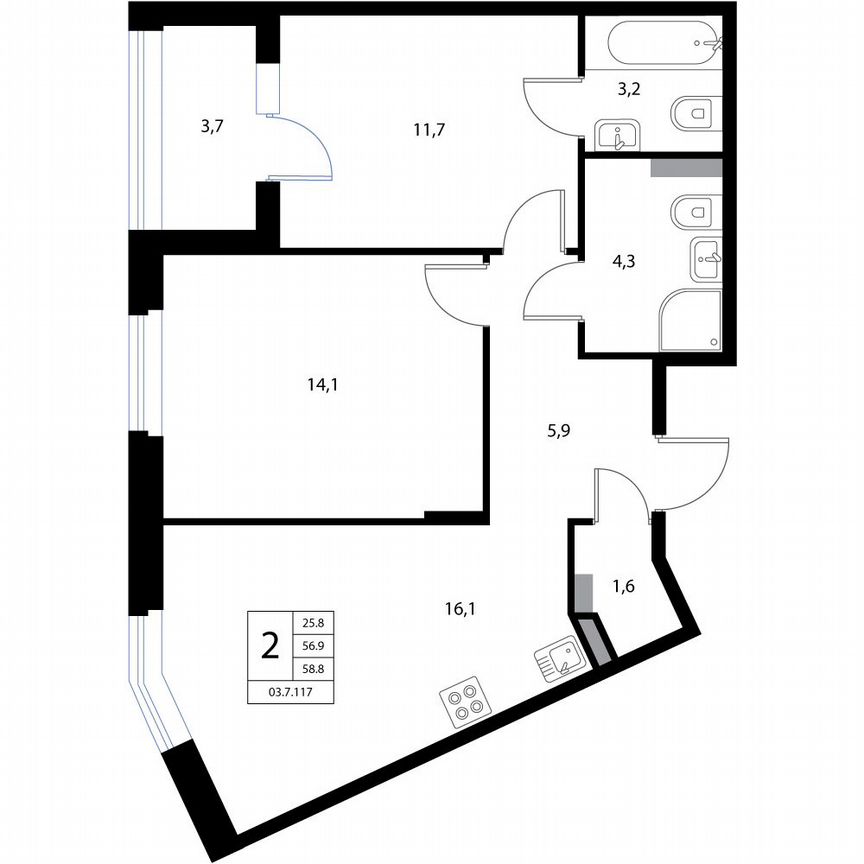 3-к. квартира, 58,8 м², 2/3 эт.