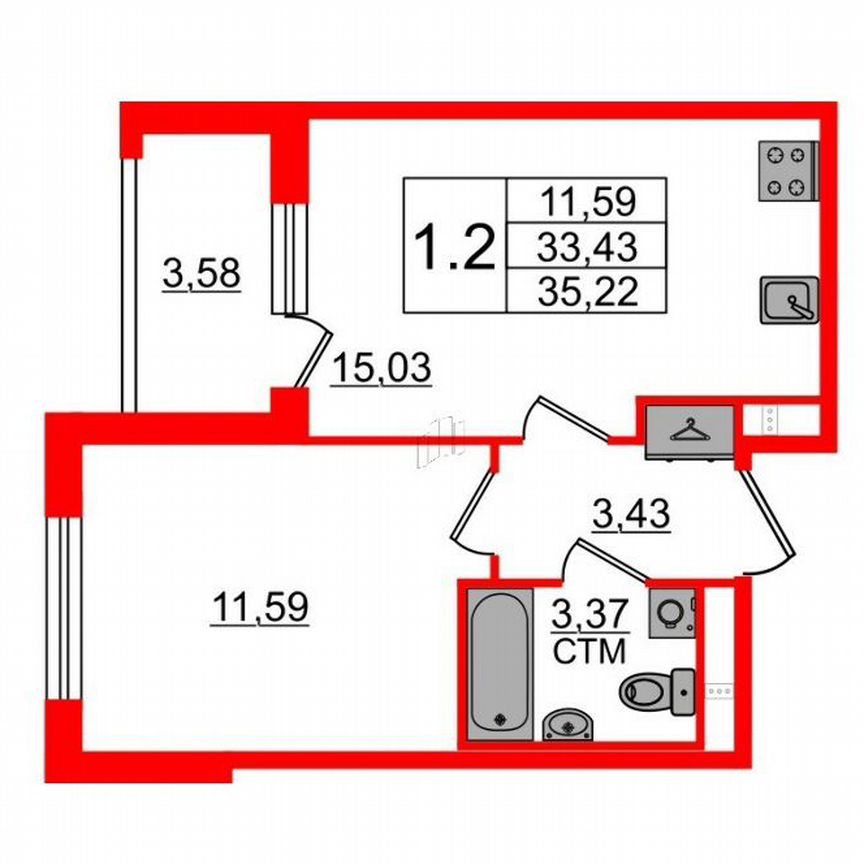 1-к. квартира, 33,4 м², 2/4 эт.