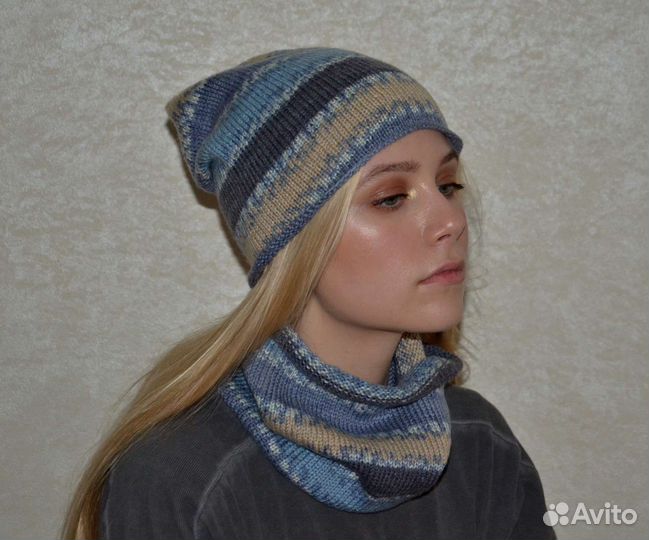 Шапка бини женская,вязанная и снуд