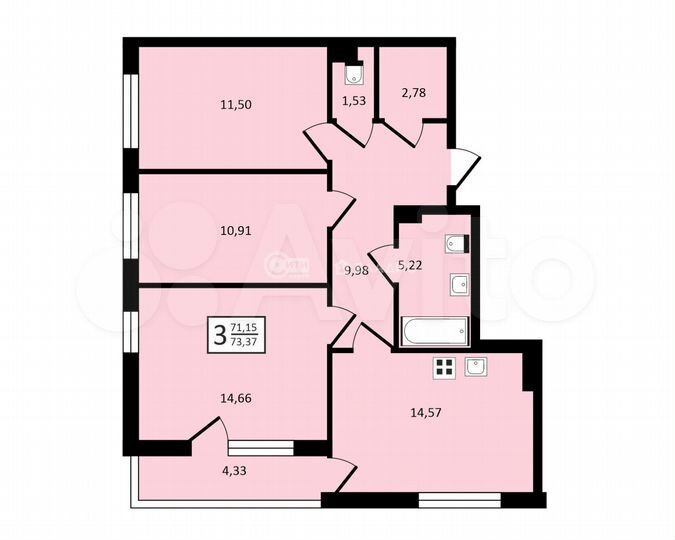3-к. квартира, 73,4 м², 3/14 эт.