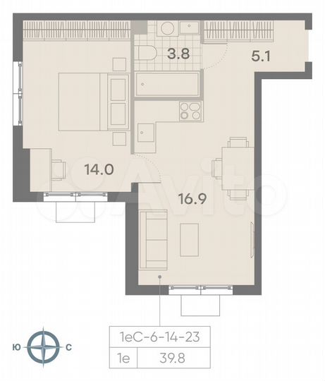 1-к. квартира, 39,8 м², 21/23 эт.