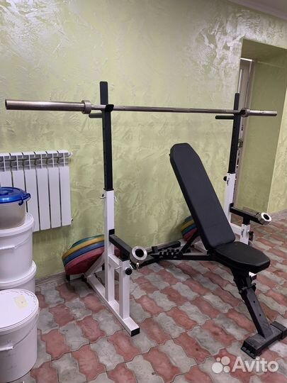 Стойка для штанги, штанга, блины, гантели