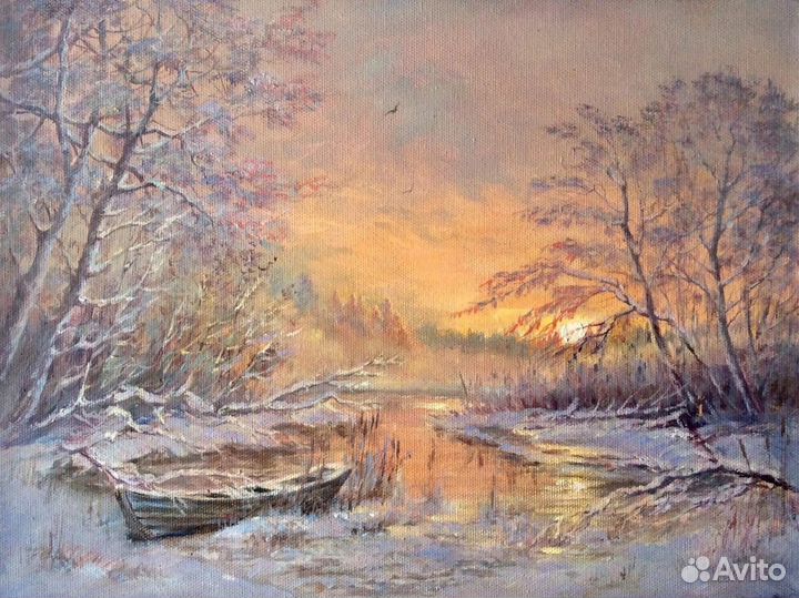 Картина маслом Морозное утро, зимний пейзаж