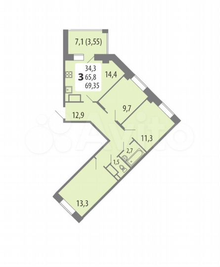 3-к. квартира, 69,4 м², 3/15 эт.