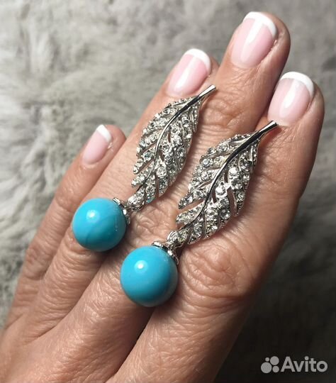 Серьги листочки листья камни под бирюзу