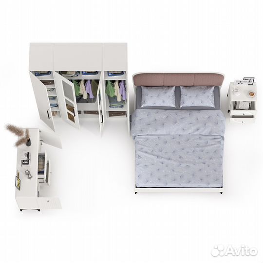 Мебель для спальни Валенсия № 32 двуспальная кровать с мягкой спинкой, цвет белый шагрень