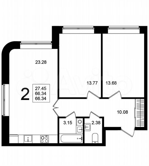 2-к. квартира, 66,3 м², 1/5 эт.