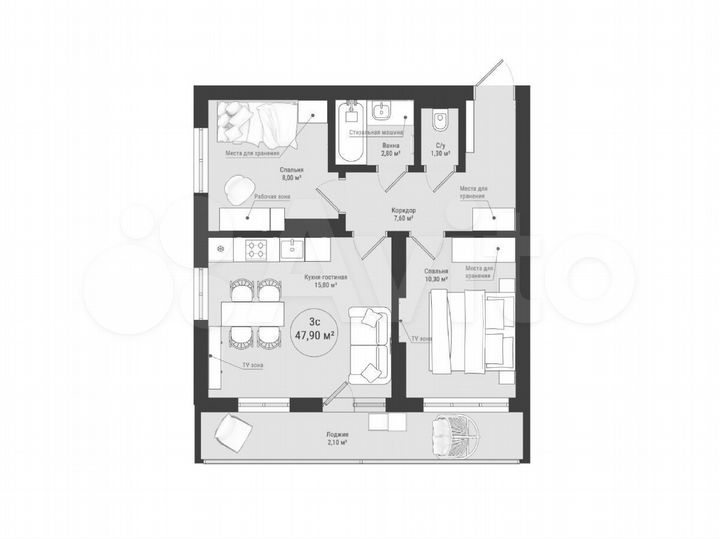 3-к. квартира, 47,9 м², 22/25 эт.