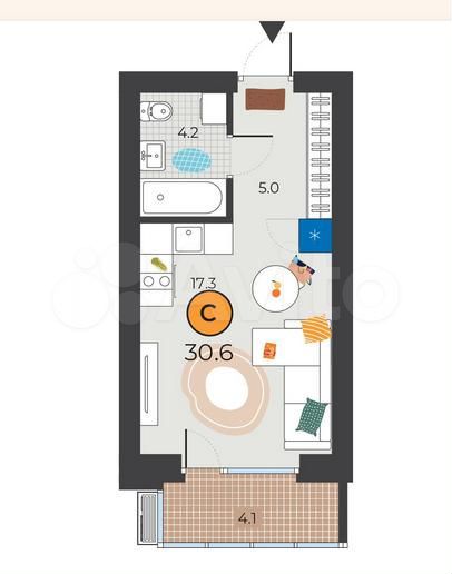 Квартира-студия, 30,6 м², 5/10 эт.