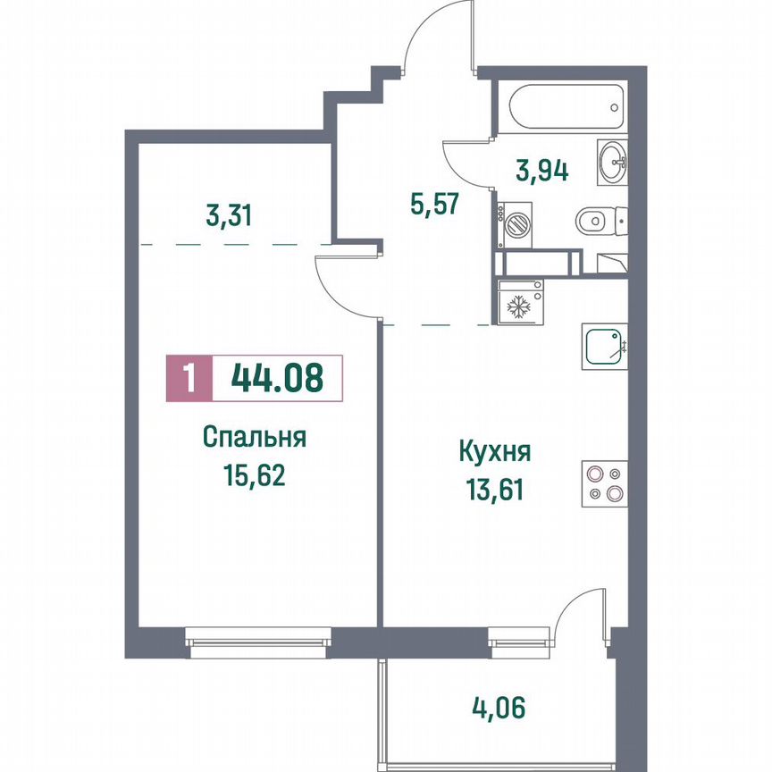 1-к. квартира, 44,4 м², 4/16 эт.
