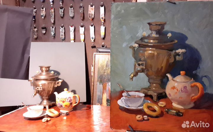 Картина маслом Натюрморт с самоваром и чайником