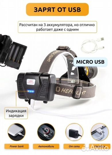 Налобный фонарь / Фонарик аккумуляторный мощный