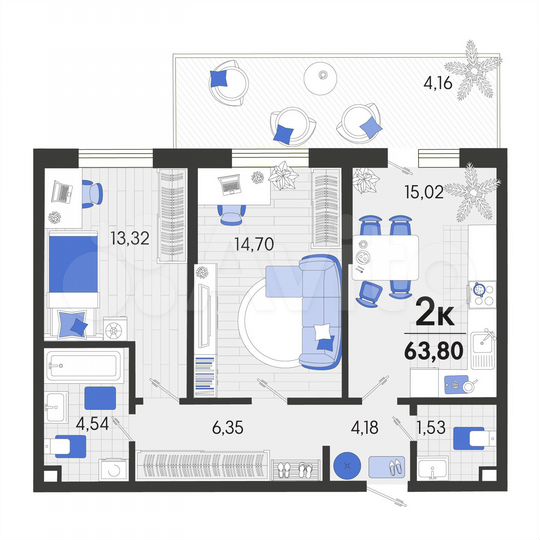 2-к. квартира, 63,8 м², 1/7 эт.