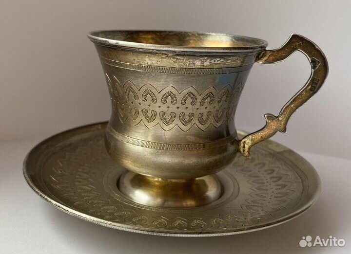 Чашка и блюдце, серебро 84 пробы