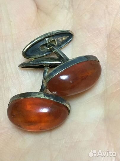 Запонки серебро позолота янтарь