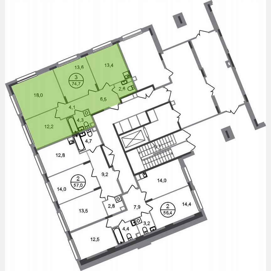 3-к. квартира, 74,7 м², 1/17 эт.