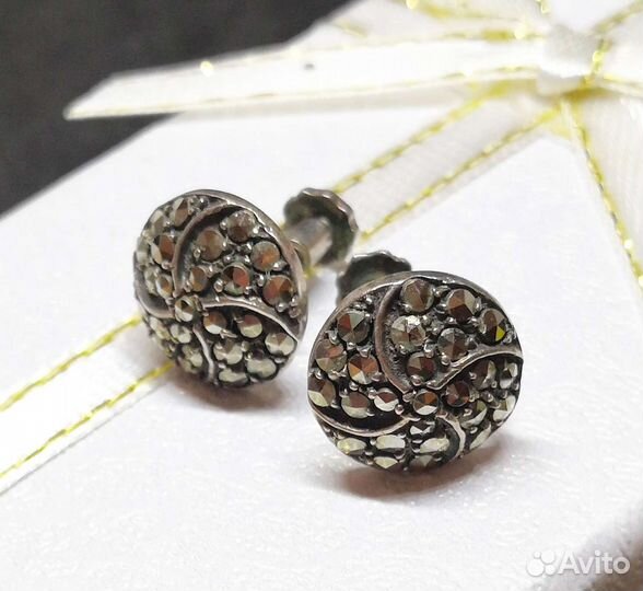 Стильные серьги, марказиты, серебро, Англия, 70е