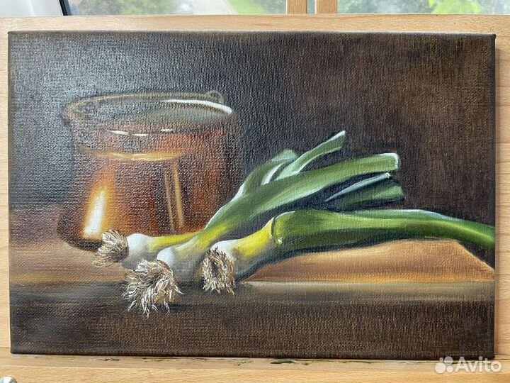 Картина, натюрморт с зеленым луком