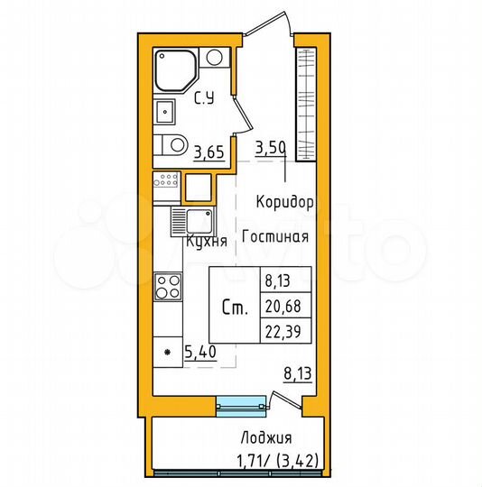 Квартира-студия, 22,4 м², 8/27 эт.