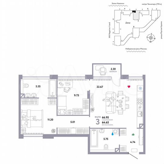 3-к. квартира, 67 м², 2/20 эт.