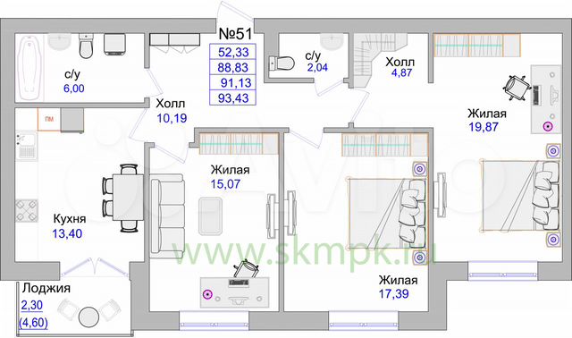 3-к. апартаменты, 91,1 м², 3/5 эт.