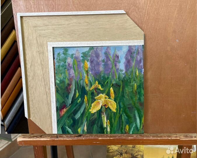 Картина с цветами маслом на холсте 20х20 ирисы