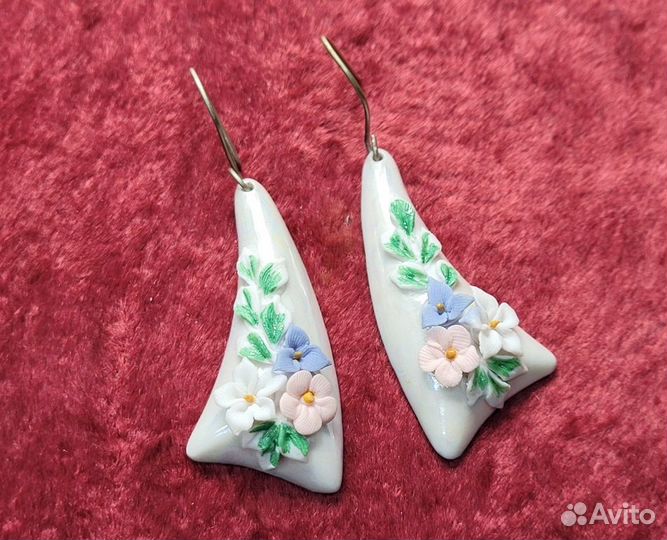 Серьги Цветы лепнина фарфор 47*21 мм