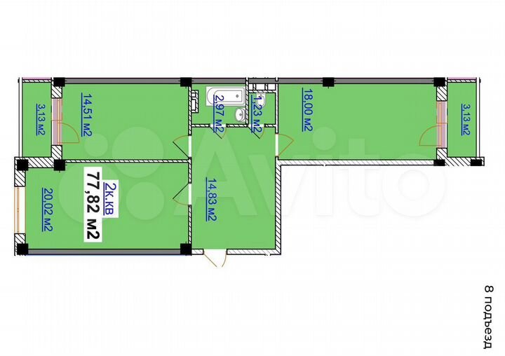 2-к. квартира, 77,8 м², 3/14 эт.