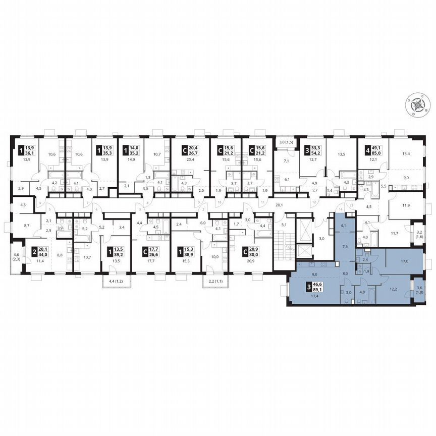 2-к. квартира, 89,3 м², 8/15 эт.