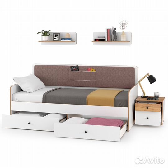 Кровать с ящиками с двумя открытыми полками Вуди и тумба, цвет белый премиум/дуб крафт золотой/саван