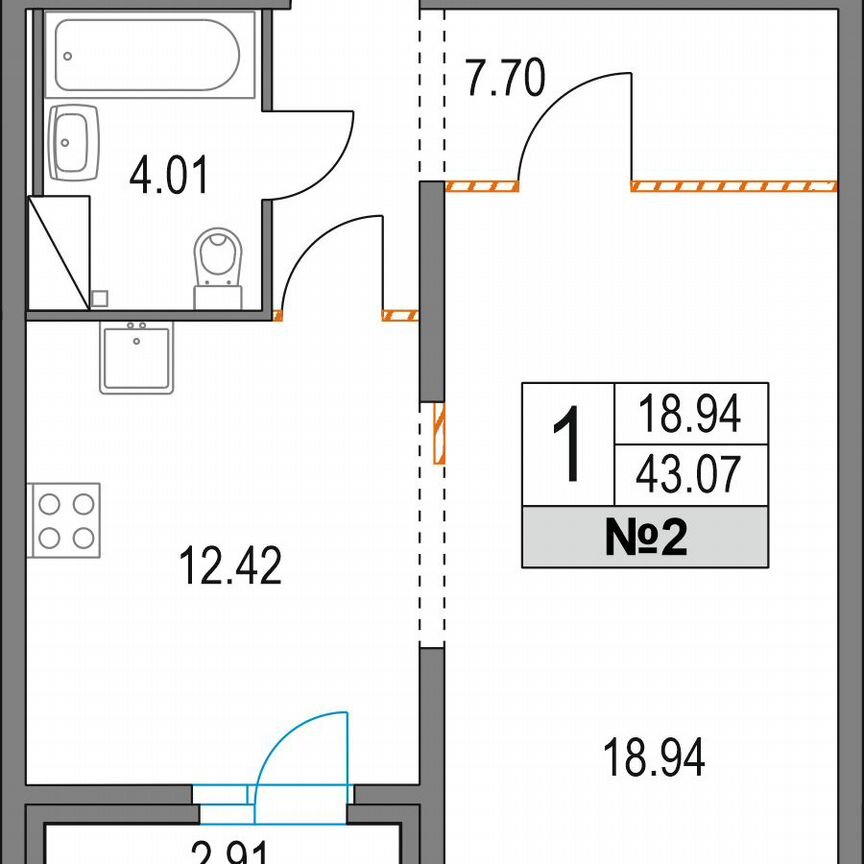 1-к. квартира, 43,1 м², 2/21 эт.