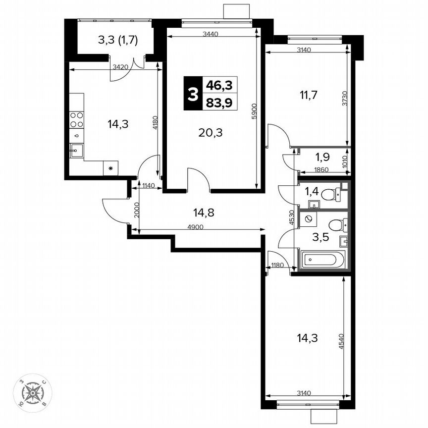 3-к. квартира, 83,9 м², 10/15 эт.