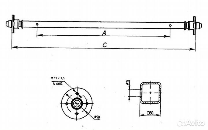 Ось для прицепа рессорная 750 кг мзса 817710.012