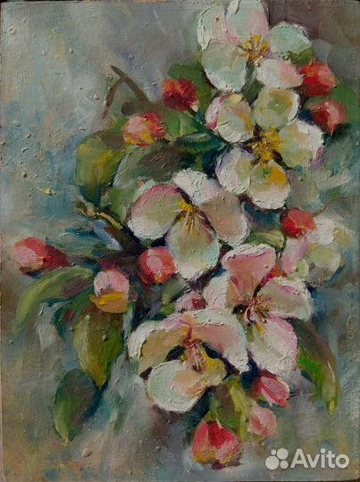 Картина маслом. Цветы. Ветка яблони в цвету