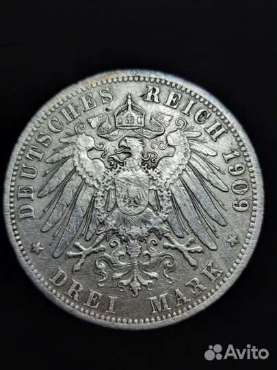 Германия 3 марки 1909 А. Серебро
