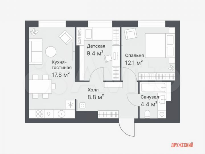 2-к. квартира, 52,5 м², 11/14 эт.