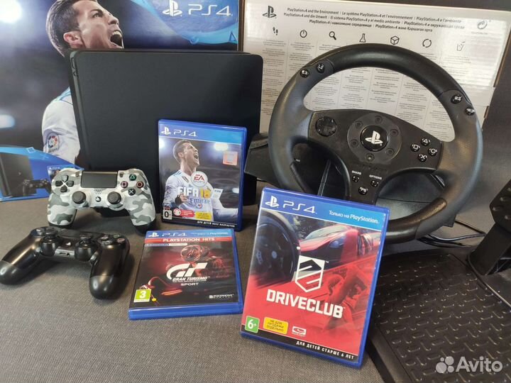 Sony PS4 slim 1tb + руль + 2 геймпада