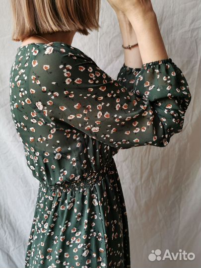 Платье женское шифоновое 42 зелёное длинный рукав
